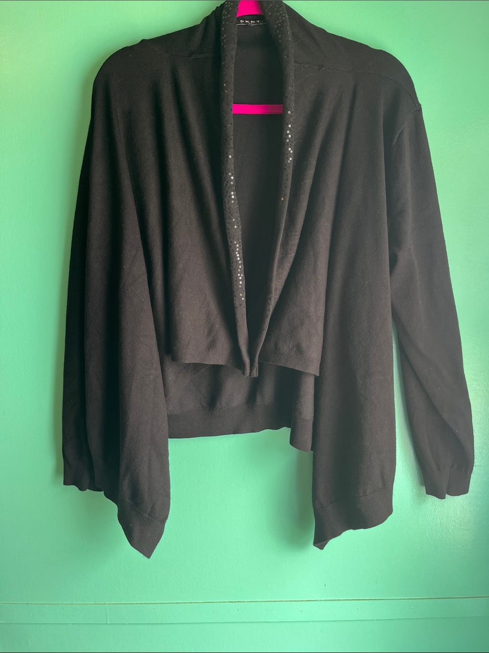 Women's Black Open-Front Cardigan with Subtle Sequin Trim
